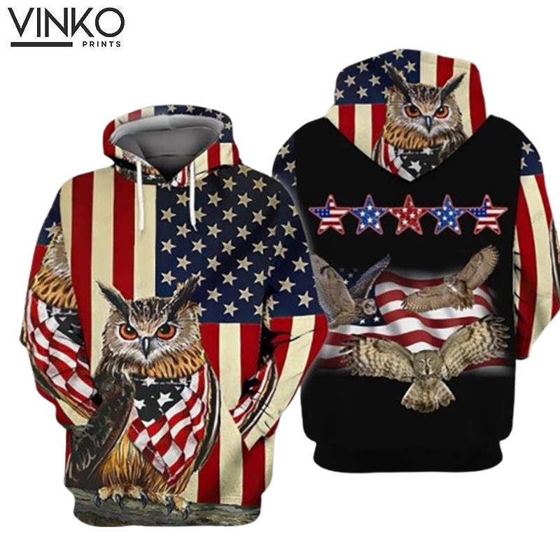 4Th Of July Independence Day Owl American Flag Hoodie