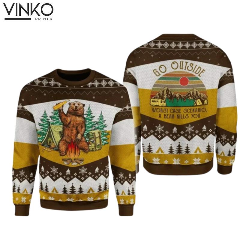 A Bear With Beer Go Outside Camping 3D Ugly Christmas Sweater