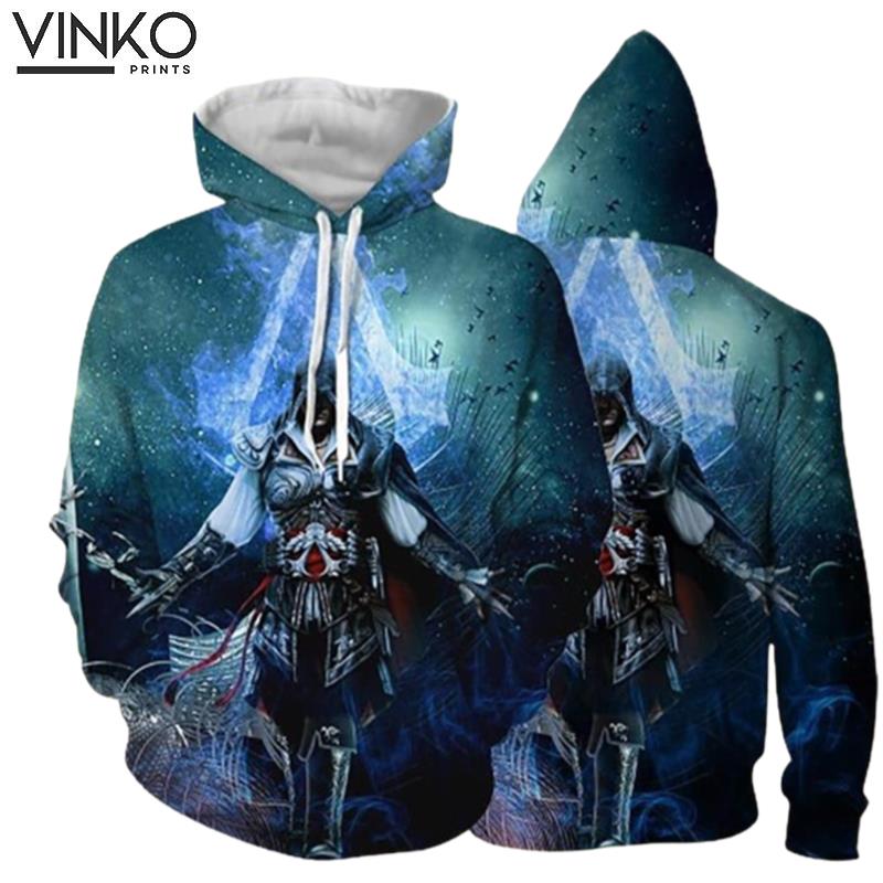 Assassins Creed Ezio Epic Vibrant Blue Flame Design Hoodie