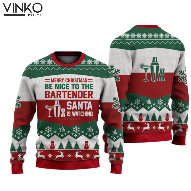 Bartender All Merry Christmas Be Nice Christmas Knitted Print Noel Christmas Signature Ugly Christmas Sweater