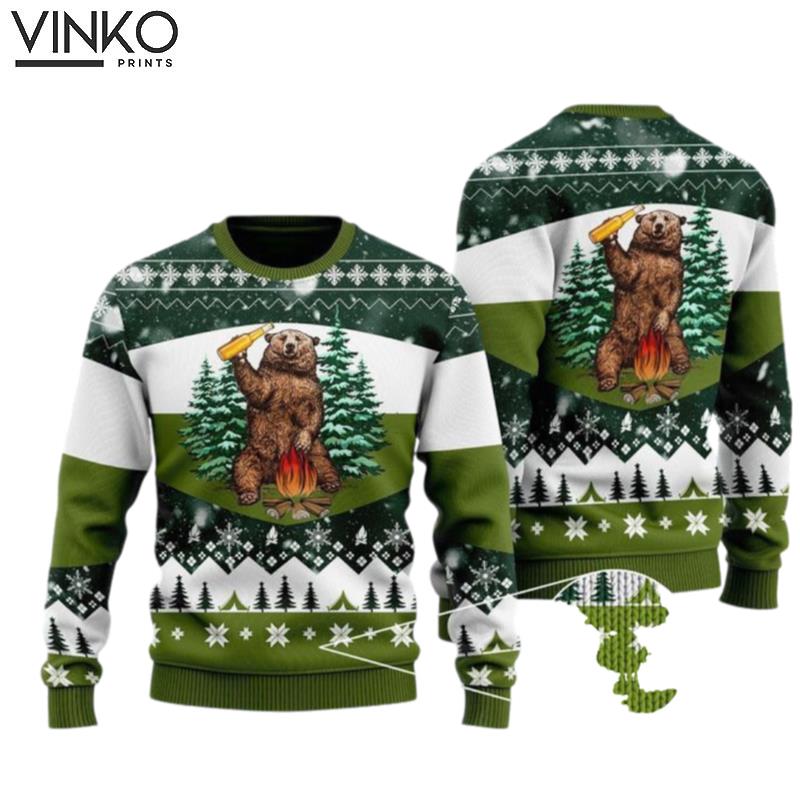 Bear Beer Campfire 3D Ugly Christmas Sweater