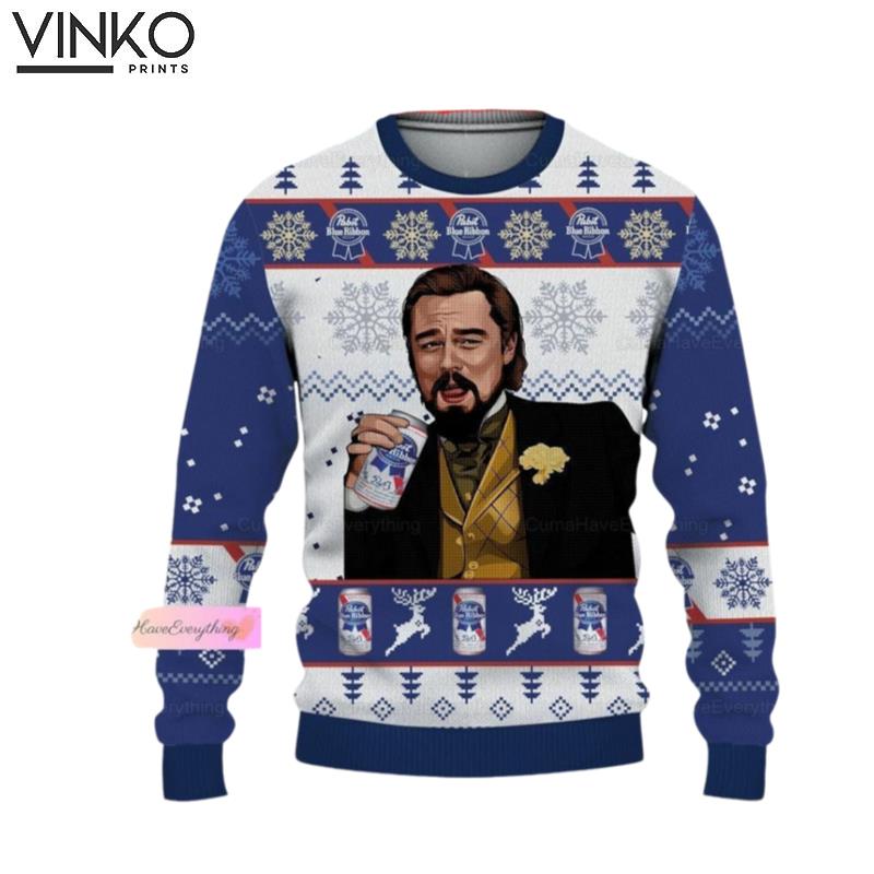 Blue Ribbon Beer Laughing Leonardo DiCaprio Meme Funny Ugly Christmas Sweater