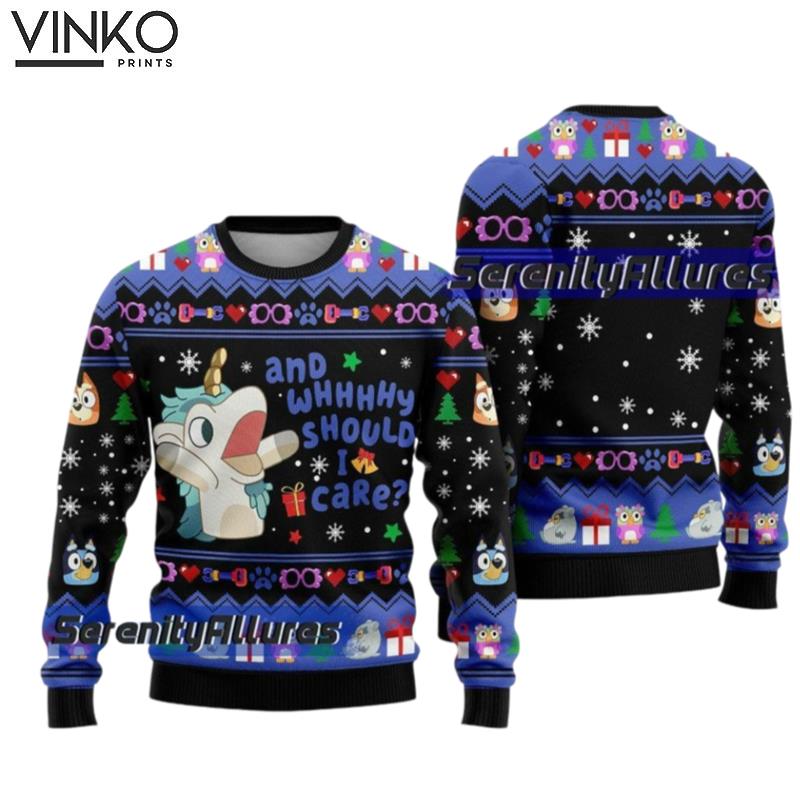 BlueyDad Unicorse Why Should I Care Xmas Ugly Christmas Sweater