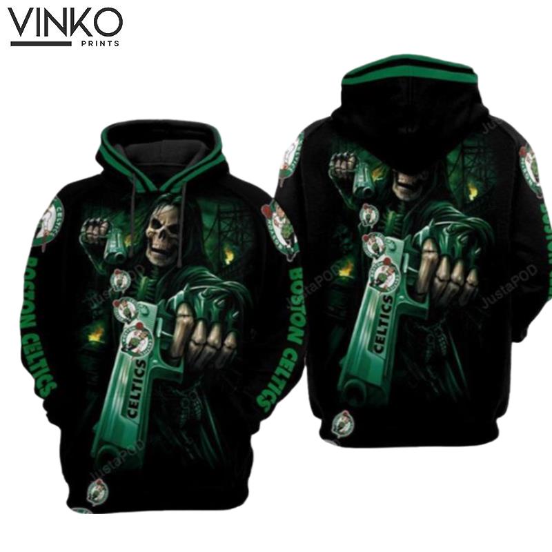 Boston Celtics Nfl Football Skull Death Guns Hoodie