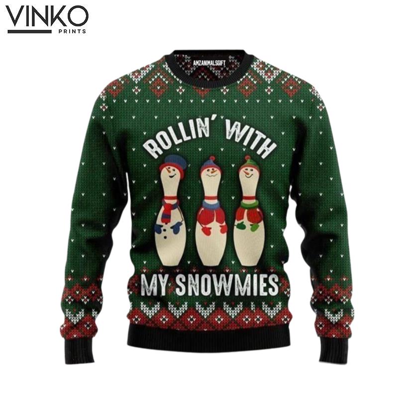 Bowling Rollin' With My Snowmies Gift For Christmas Bowling Lovers Bowling Players Ugly Christmas Sweater