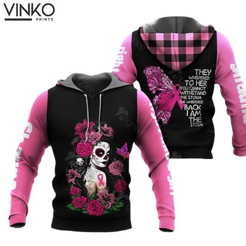 Breast Cancer Skull Girl With Dark Pink Hoodie