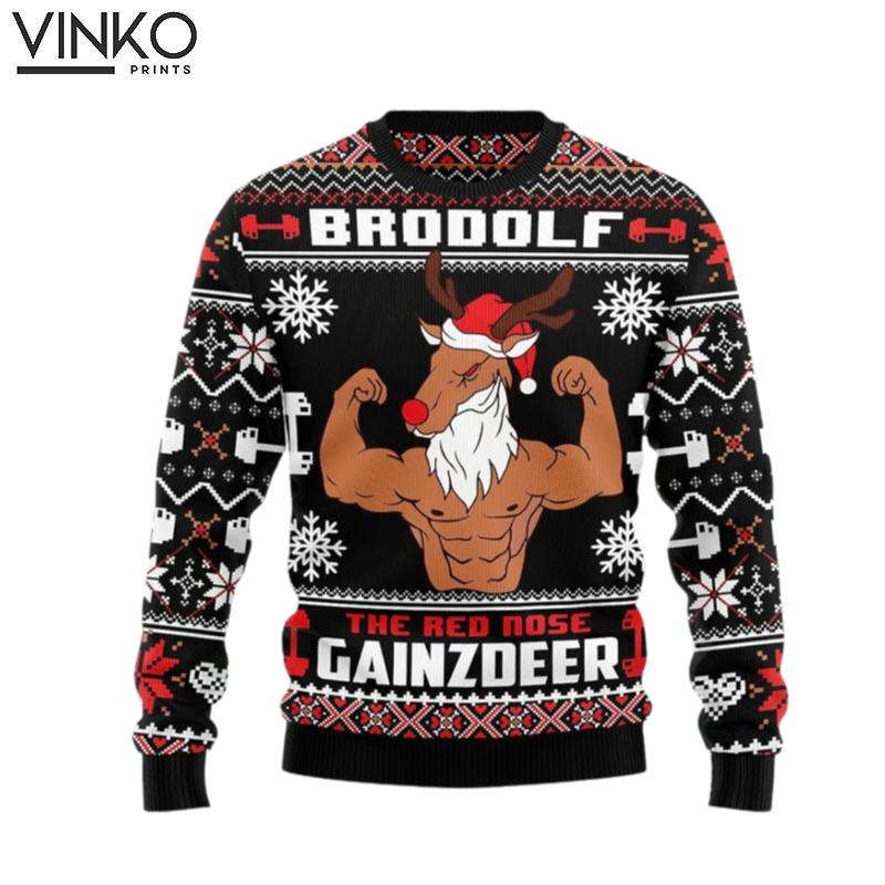 Brodolf The Red Nose Gainzdeer Gym Gift For Xmas 3D Ugly Christmas Sweater