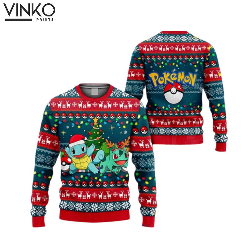 Bulbasaur And Squirtle Merry Xmas Pokemon Ugly Christmas Sweater