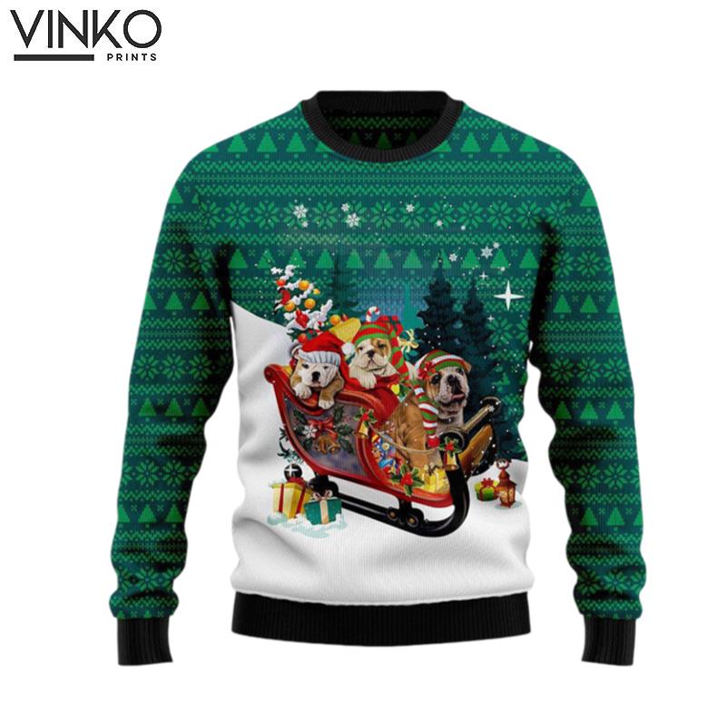 Bulldog Sleigh With Santa Funny Gift For Pet Lovers Ugly Christmas Sweater