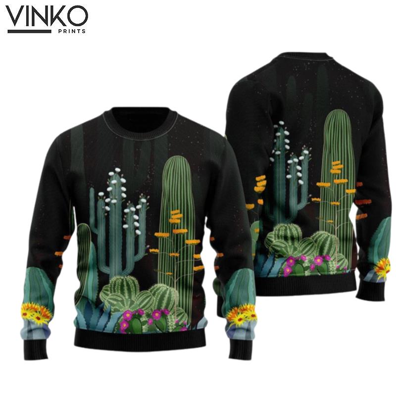 Cactus Garden At Night Green Ugly Christmas Sweater