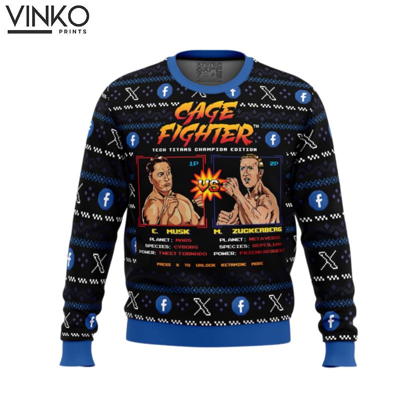 Cage Fighter Elun Mask vs Mark Zuckerberg Funny Pop Culture Ugly Christmas Sweater