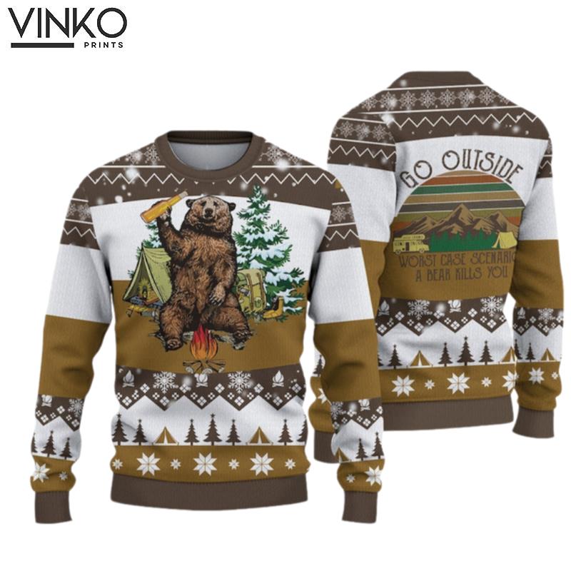 Camping Bear Go Outside Woolen For Holiday A Bear Will Kills You Ugly Christmas Sweater