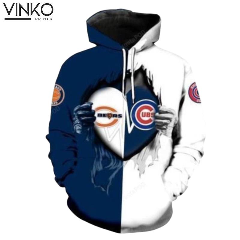 Chicago Bears Chicago Cubs Heartbeat Love Ripped Hoodie