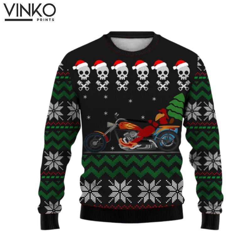 Christmas Skull Biker Print Crew Neck Ugly Christmas Sweater