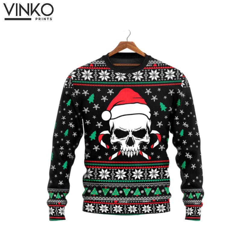 Christmas Skull Wearing Santa Claus Hat And Sweat Candy Ugly Christmas Sweater