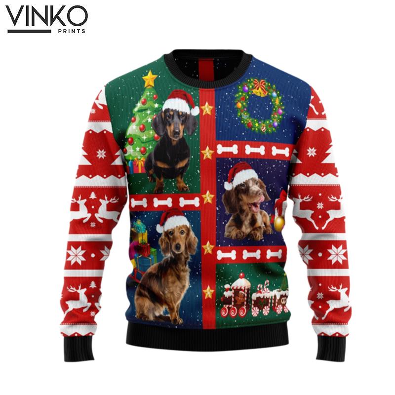 Christmas Tree And Three Cute Dachshund Ugly Christmas Sweater