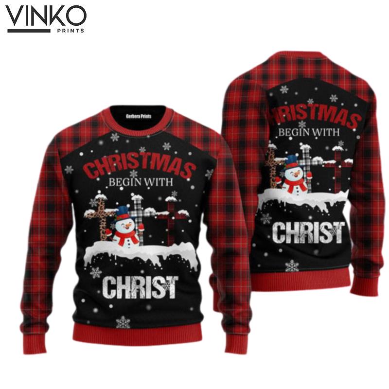 Christmas begins with christ snowman and cross For Men women Adult Ugly Christmas Sweater