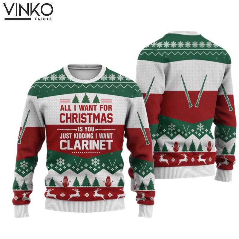 Clarinet All I want for Christmas Knitted Print Noel Christmas Signature Ugly Christmas Sweater