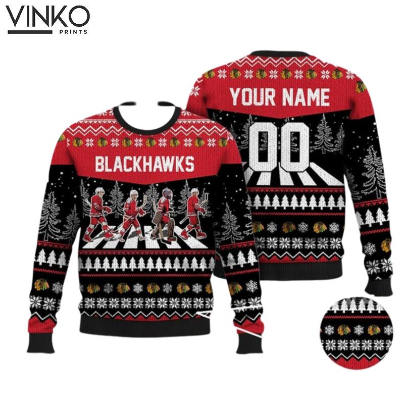 Custom Blackhawks Walking Abbey Road Ice Hockey Ugly Christmas Sweater