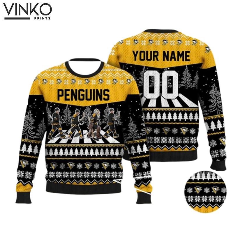 Custom Penguins Walking Abbey Road Ice Hockey Ugly Christmas Sweater