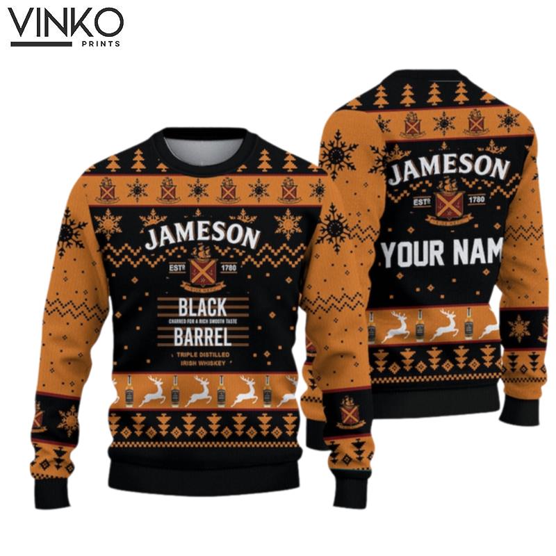 Custom Your Name Woolen For Holiday Black Barrel Ugly Christmas Sweater