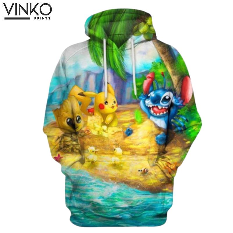 Cute Things On The Beach Pikachu Stitch Groot Hoodie