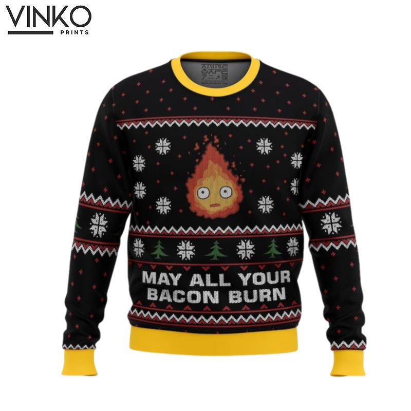 Cute Xmas Studio Ghibli May All Your Bacon Burn Calcifer Woolen Ugly Christmas Sweater