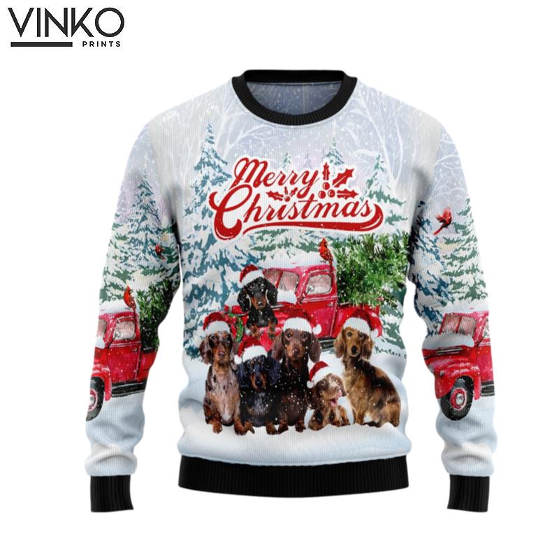 Dachshund With Car Merry Christmas White Ugly Christmas Sweater