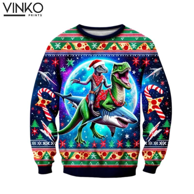 Dinosaur Riding Shark Ugly Christmas Sweater