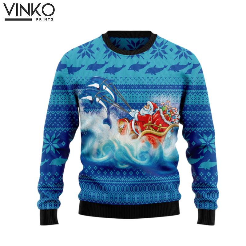 Dolphin Riding The Waves With Santa G5116 Ugly Christmas Sweater