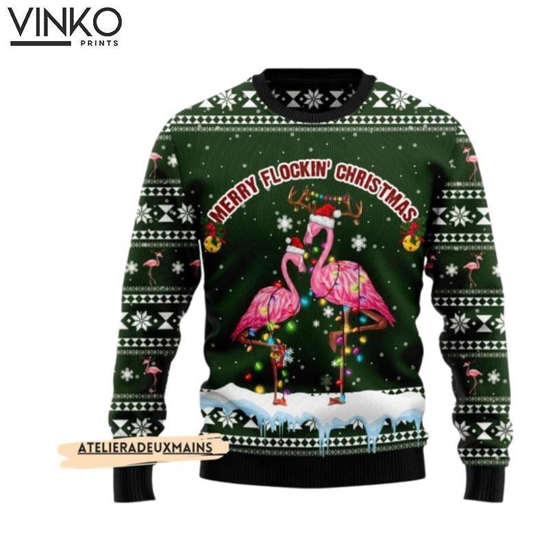 Flamingo Dancing On Snow Merry Flocking Christmas Ugly Ugly Christmas Sweater