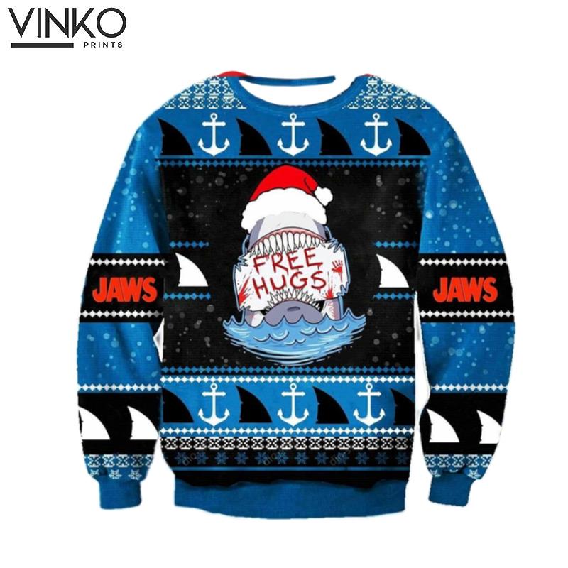 Free Hugs Jaws Shark Jaws Ugly Christmas Sweater