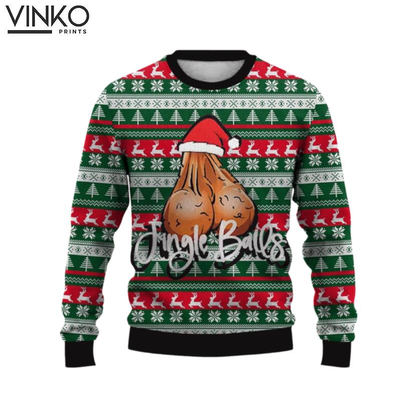 Fun Christmas Jingle Balls Printed Crew Neck Ugly Christmas Sweater