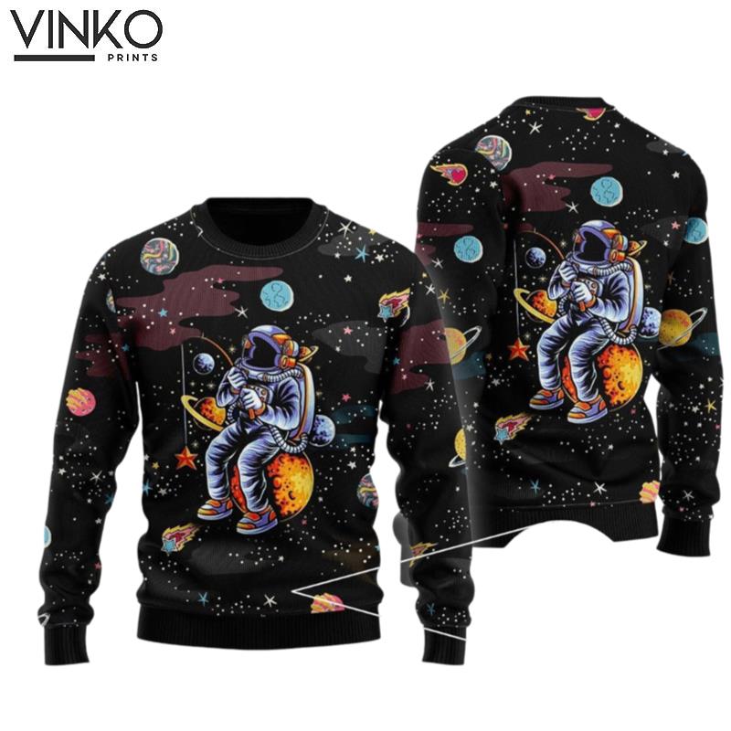 Funny Astronaut Fishing In Space Ugly Christmas Sweater