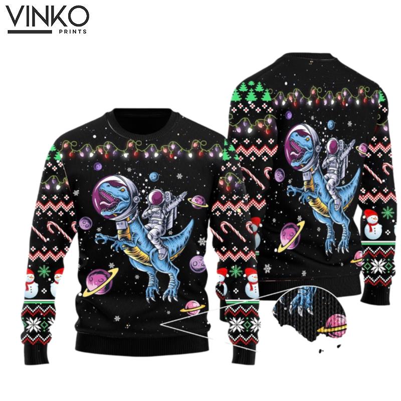 Funny Astronauts Ride A Trex In Space With The Planet Ugly Christmas Sweater