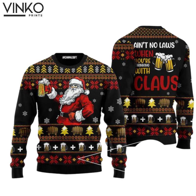 Funny Drinking Beer With Claus Ugly Christmas Sweater