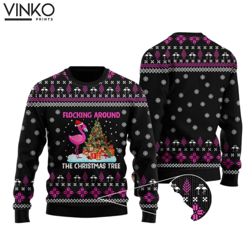 Funny Flamingo Flocking Around The Christmas Tree Ugly Christmas Sweater