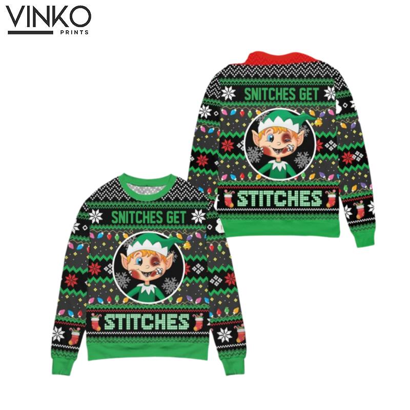 Funny Green Elf Snitches Get Stitches Xmas Ugly Christmas Sweater