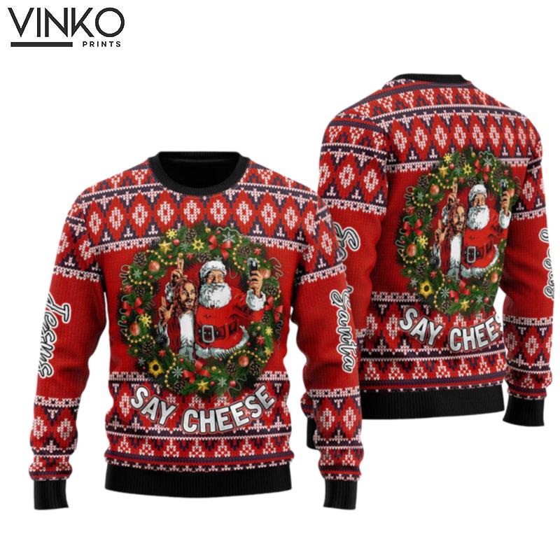 Funny Jesus And Funny Santa Say Cheese Ugly Christmas Sweater