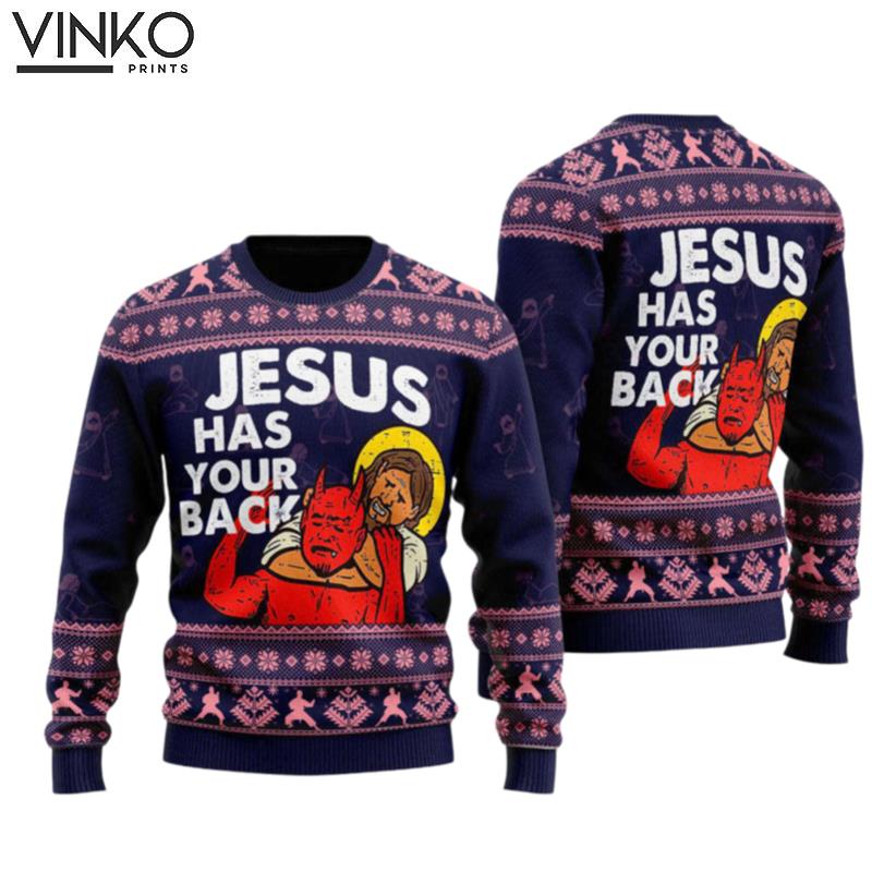 Funny Jesus Has Your Back For Christmas Day Ugly Christmas Sweater