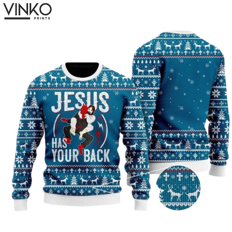 Funny Jesus Has Your Back Jiu Jitsu Gifts For Christians Ugly Christmas Sweater