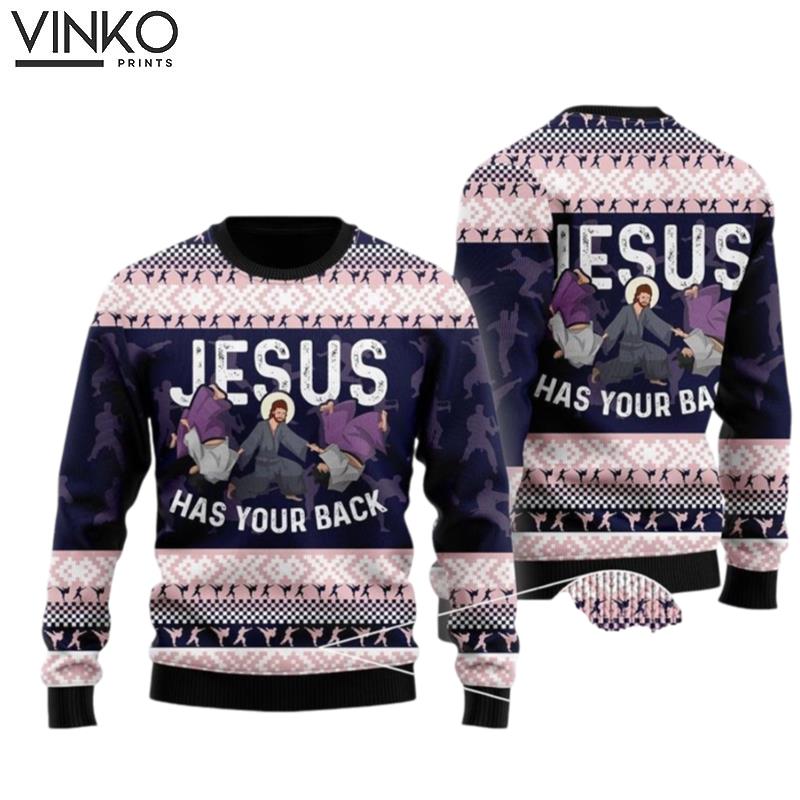 Funny Jesus Has Your Back Jiu Jitsu Gifts For People Who Love Jesus Ugly Christmas Sweater