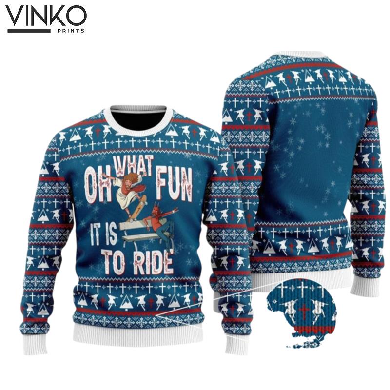 Funny Jesus Ride Skateboarding With Satan Gifts For Christians Ugly Christmas Sweater