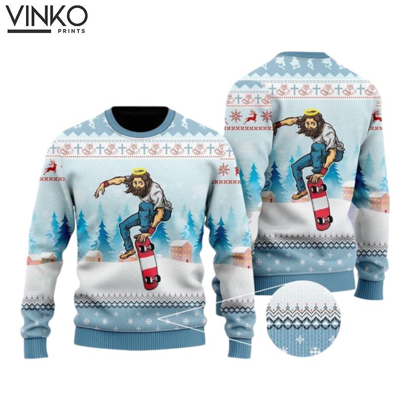 Funny Jesus Skateboarding Christmas Adult Gifts For Christians Ugly Christmas Sweater