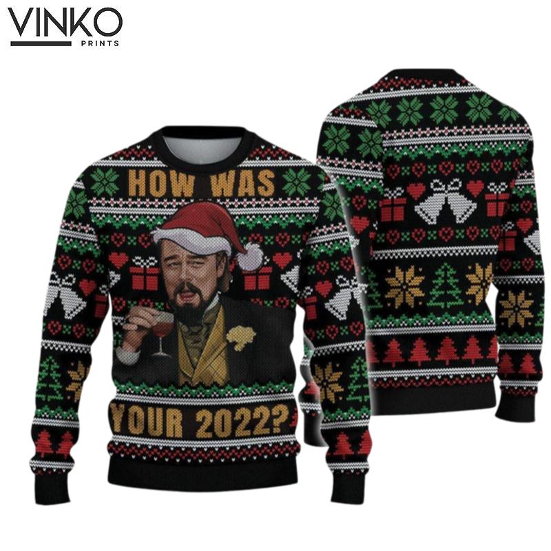 Funny Leo Santa Hat 3D Man Drinking Wine Xmas Ugly Christmas Sweater