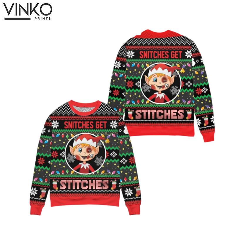 Funny Red Elf Snitches Get Stitches Xmas Elf Ugly Christmas Sweater