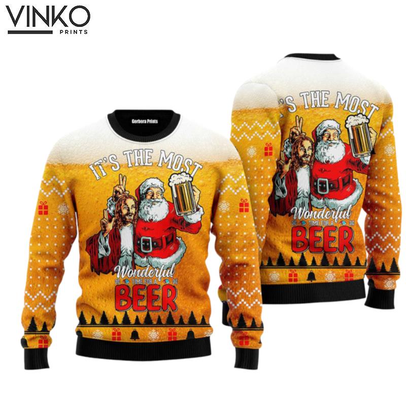 Funny Santa Drink Beer With Jesus Ugly Christmas Sweater