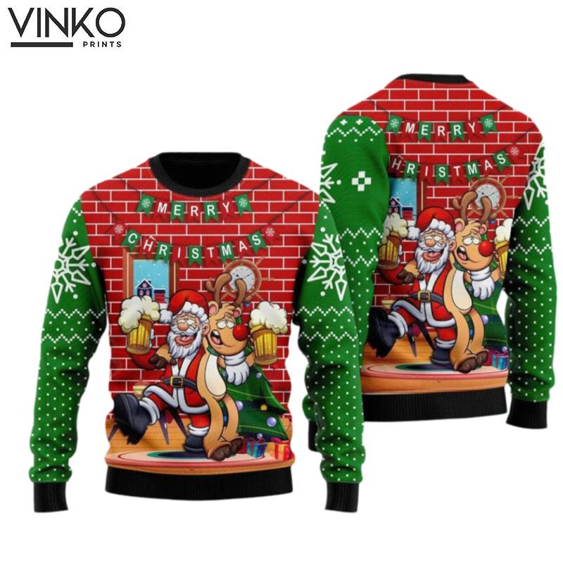 Funny Santa Drink Beer With Reindeer Christmas 3D Ugly Christmas Sweater