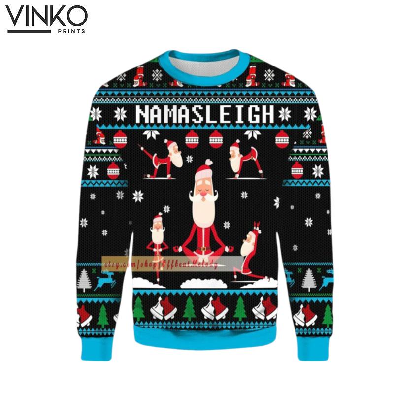 Funny Santa Namasleigh Santa Yoga Christmas Ugly Christmas Sweater