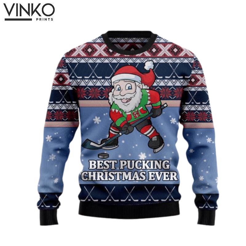 Funny Santa Playing Hockey Ugly Christmas Sweater